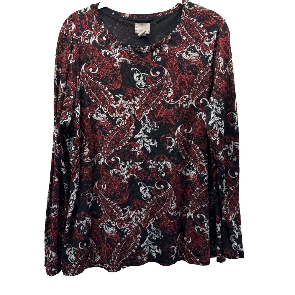 Chicos Women's Top Size Large Red Black Paisley Long Sleeves Stretch Pullover